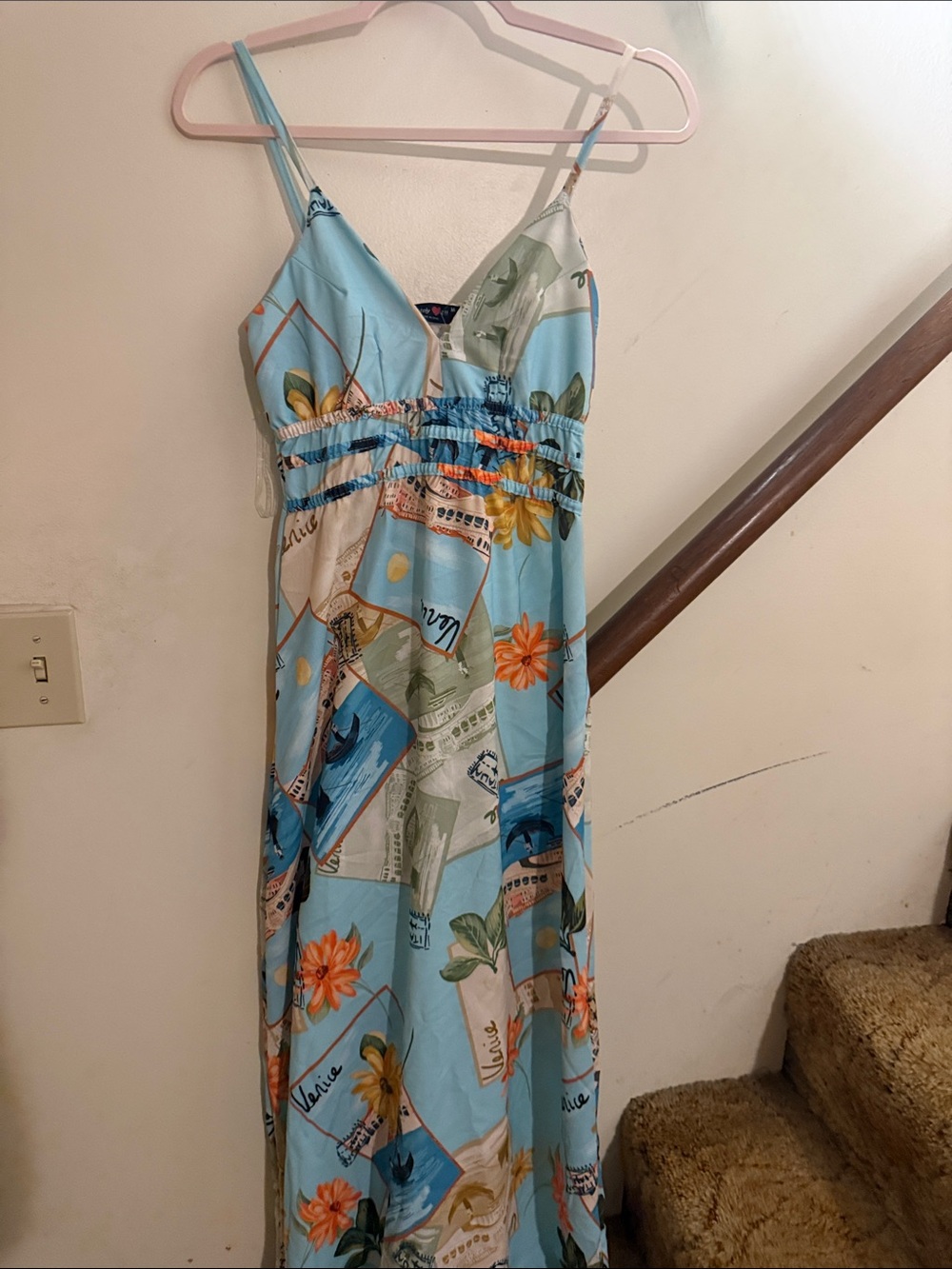 Absolutely Light Blue Floral Print Maxi Dress with Spaghetti Straps